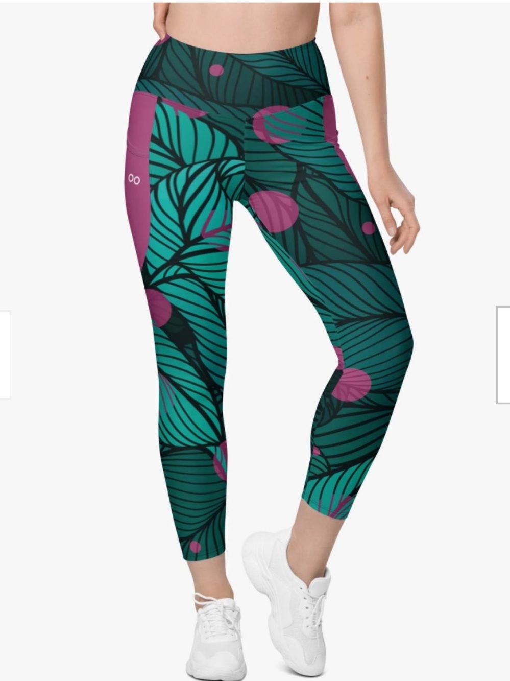 New! Loony Legs Recycled Floral Leggings "Fireflies" Green/Pink with Pockets, L - Picture 14 of 16